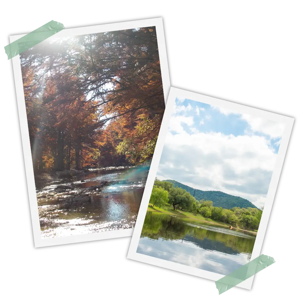 Two pictures of a lake and trees are taped to each other.