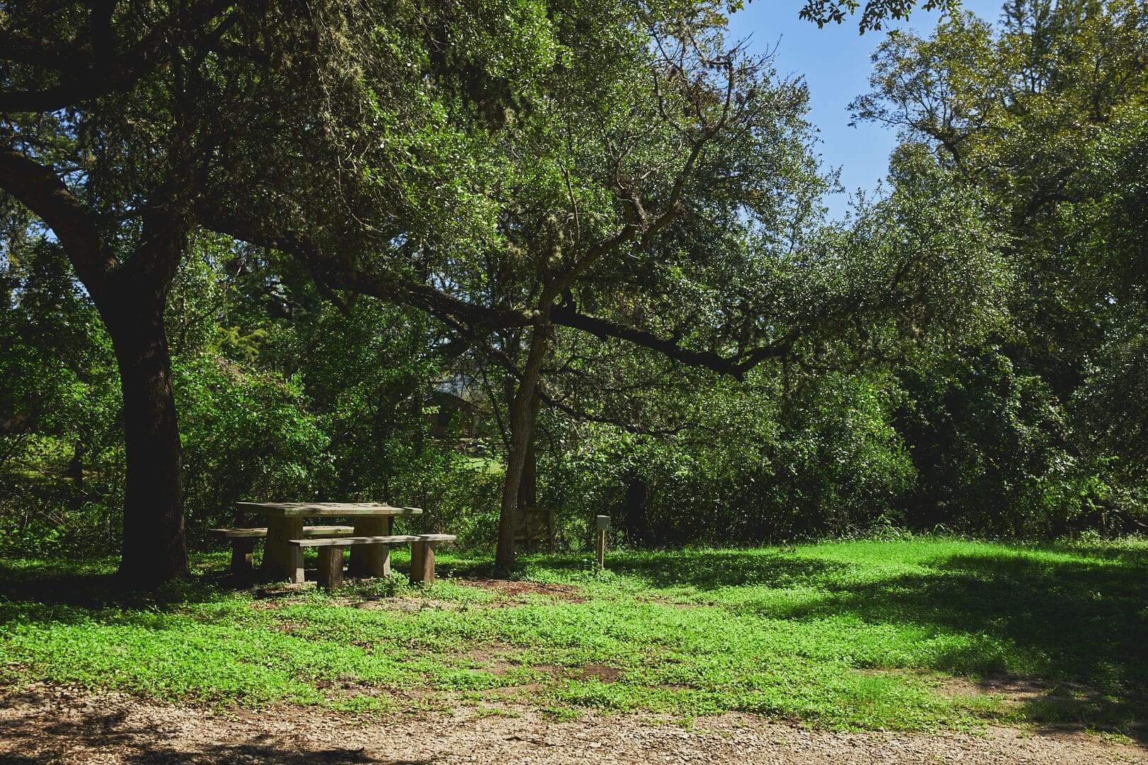 A picnic table in the middle of a field.