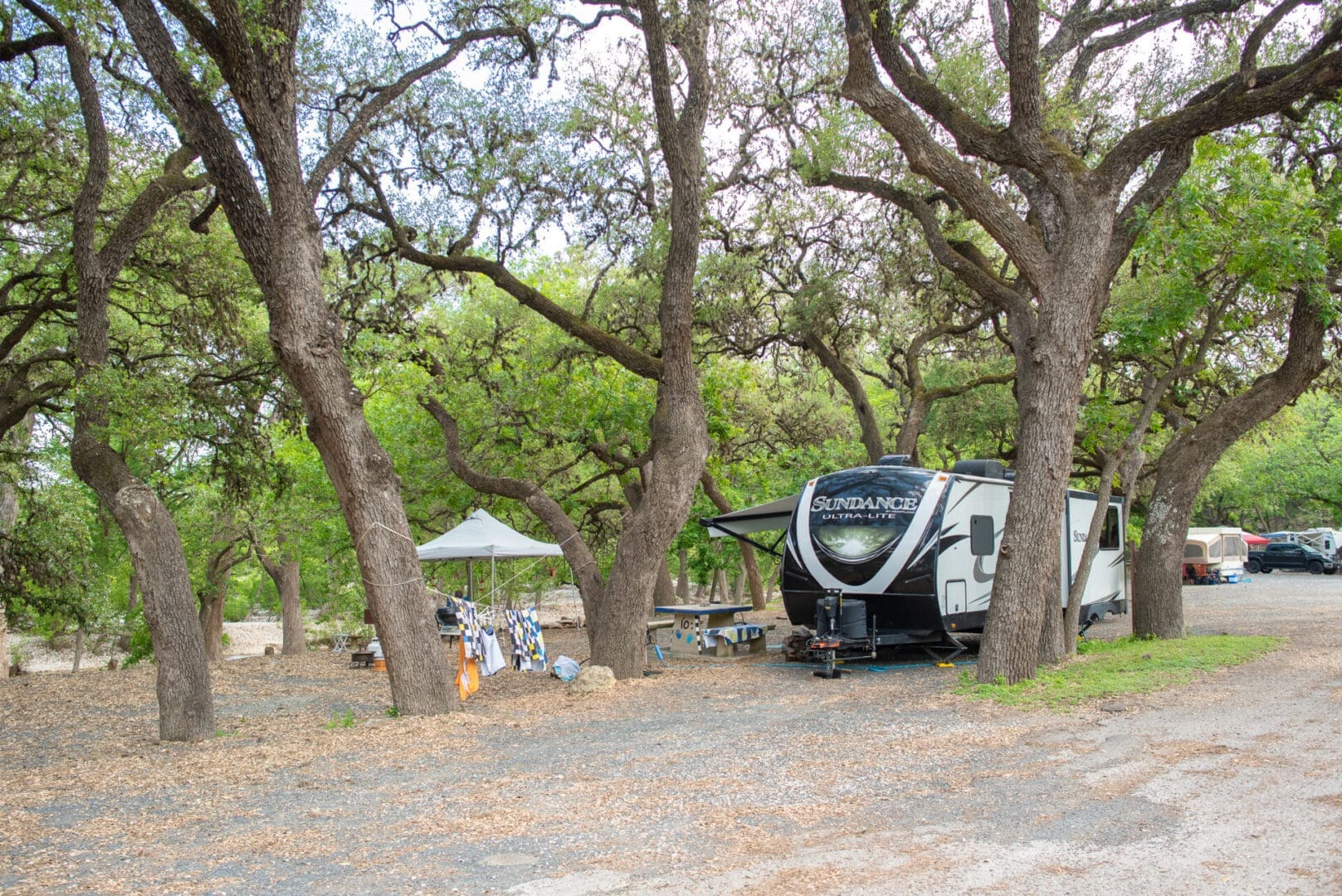 A camper parked in the shade of some trees.